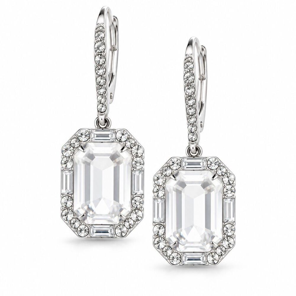 Ralph Lauren Crystal Emerald Cut Drop Earrings Silver